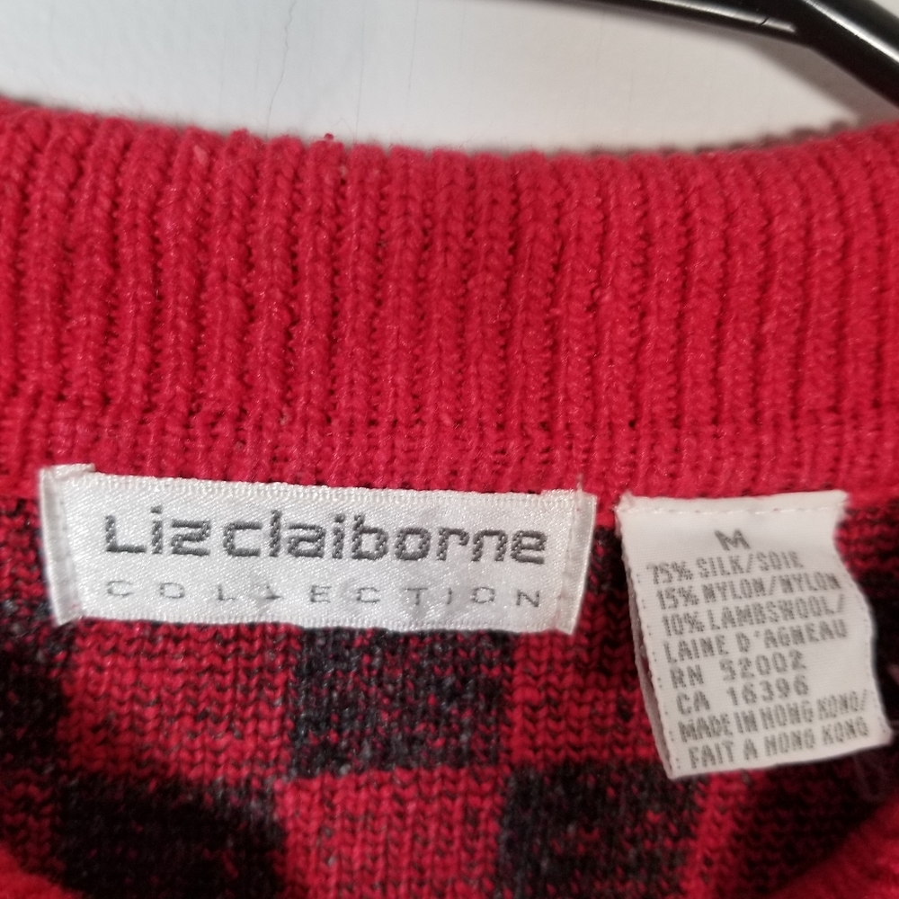 Vintage Red and Gray Check Print Cropped Collared Sweater By Liz Claiborne - Med - Picture 3 of 9